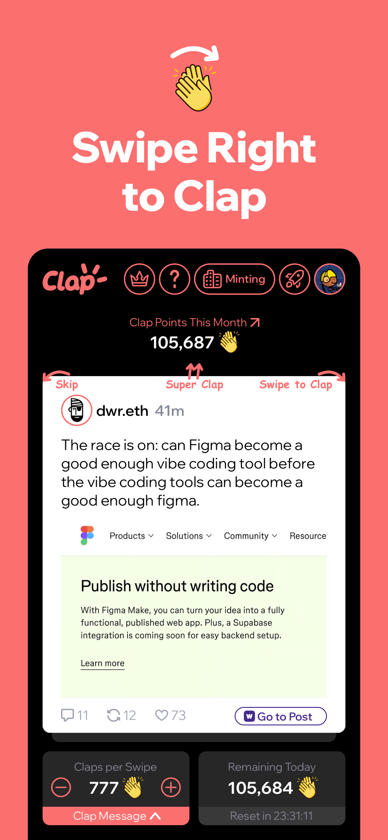 Clap to Earn with Every Swipe - Farcaster Mini Apps screenshot
